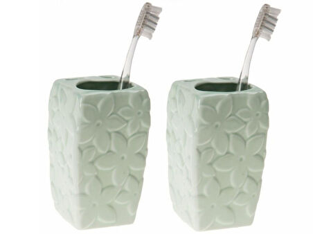 2 ADET SERAMİK DİŞ FIRÇALIK ÇİÇEKLİ SU YEŞİLİ 7X7X12CM  BANYO SETİ