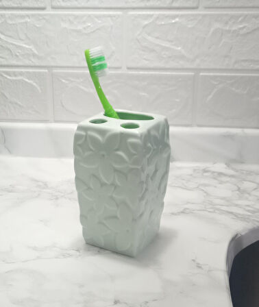 2 ADET SERAMİK DİŞ FIRÇALIK ÇİÇEKLİ SU YEŞİLİ 7X7X12CM  BANYO SETİ