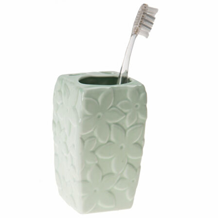 2 ADET SERAMİK DİŞ FIRÇALIK ÇİÇEKLİ SU YEŞİLİ 7X7X12CM  BANYO SETİ