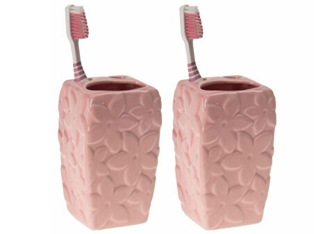 2 ADET SERAMİK DİŞ FIRÇALIK ÇİÇEKLİ PEMBE MODEL 7X7X12CM  BANYO SETİ