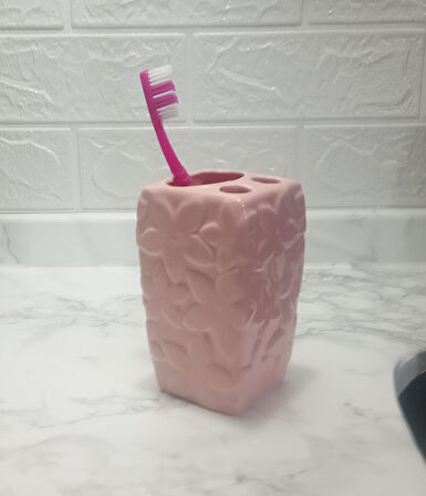 2 ADET SERAMİK DİŞ FIRÇALIK ÇİÇEKLİ PEMBE MODEL 7X7X12CM  BANYO SETİ