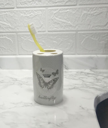 2 ADET SERAMİK DİŞ FIRÇALIK KELEBEK DESENLİ 7X7X11CM BANYO SETİ