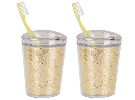 2 ADET DİŞ FIRÇALIK ALTIN YAPRAK AKRİLİK  9X9X12CM BANYO SETİ