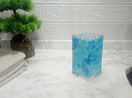 2 ADET DİŞ FIRÇALIK MAVİ ÇİÇEKLİ AKRİLİK 6X6X12CM BANYO SETİ