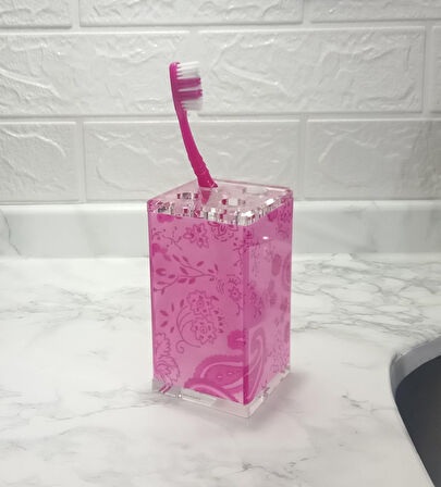 2 ADET DİŞ FIRÇALIK PEMBE ÇİÇEKLİ AKRİLİK 6X6X12CM BANYO SETİ