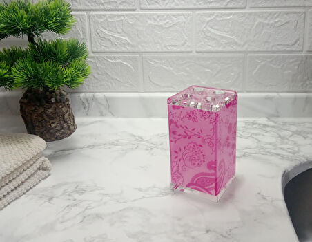 2 ADET DİŞ FIRÇALIK PEMBE ÇİÇEKLİ AKRİLİK 6X6X12CM BANYO SETİ