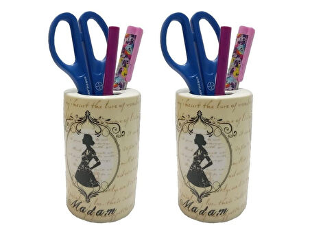 2 ADET KALEMLİK MADAM DESENLİ SERAMİK OFİS GERECİ  7X7X11CM