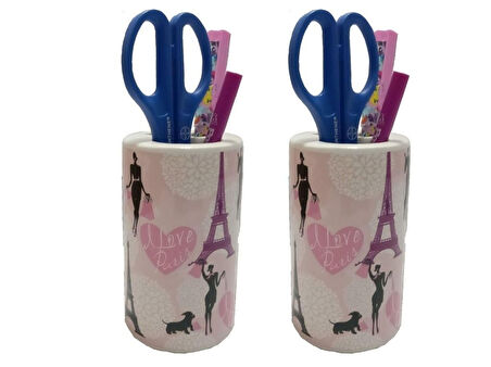 2 ADET KALEMLİK KIZLI PARİS DESENLİ SERAMİK OFİS GERECİ  7X7X11CM