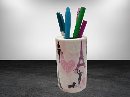 2 ADET KALEMLİK KIZLI PARİS DESENLİ SERAMİK OFİS GERECİ  7X7X11CM