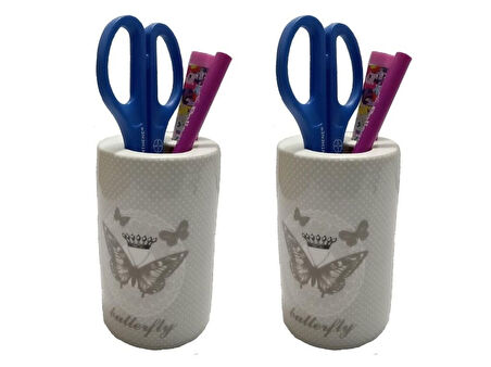 2 ADET KALEMLİK KELEBEK DESENLİ SERAMİK OFİS GERECİ  7X7X11CM