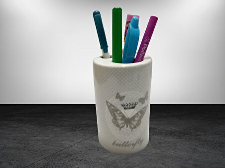 2 ADET KALEMLİK KELEBEK DESENLİ SERAMİK OFİS GERECİ  7X7X11CM