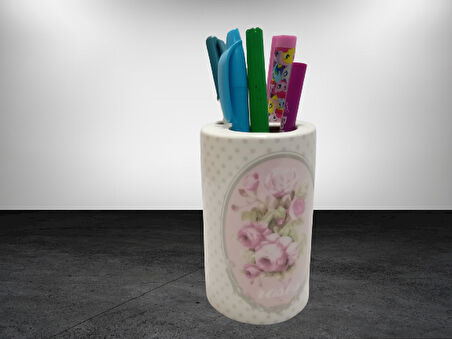 2 ADET KALEMLİK BAHAR DESENLİ SERAMİK OFİS GERECİ  7X7X11CM
