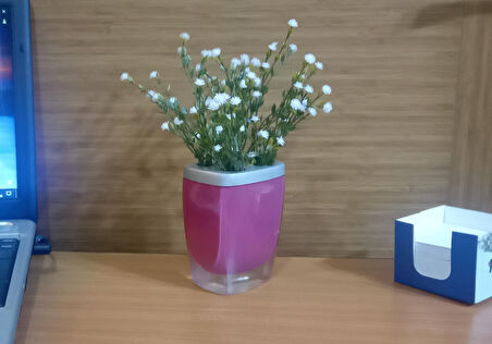 2 ADET VAZO DAHİL,VAZODA ÇİÇEK,BEYAZ YAPAY ÇİÇEK,VAZO DEKORATİF GRİ PEMBE POLİRESİN 8X4X16CM