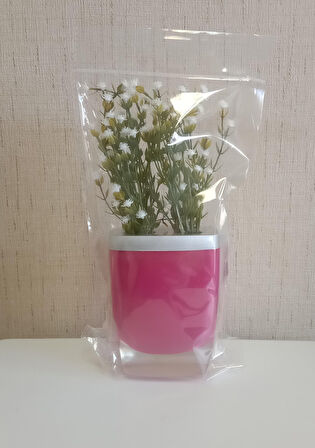 2 ADET VAZO DAHİL,VAZODA ÇİÇEK,BEYAZ YAPAY ÇİÇEK,VAZO DEKORATİF GRİ PEMBE POLİRESİN 8X4X16CM