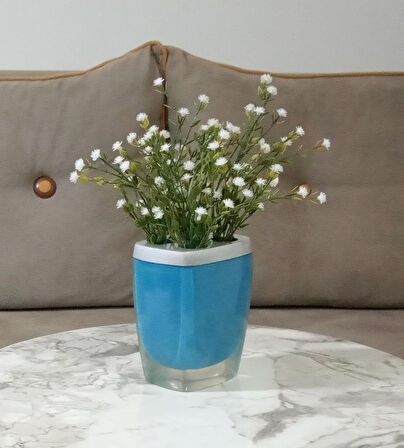 2 ADET VAZO DAHİL,VAZODA ÇİÇEK,BEYAZ YAPAY ÇİÇEK,VAZO DEKORATİF GRİ MAVİ POLİRESİN 8X4X16CM