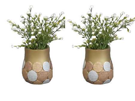 2 ADET VAZO DAHİL,VAZODA ÇİÇEK,BEYAZ YAPAY ÇİÇEK,VAZO DEKORATİF ALTIN PUANLI POLİRESİN 9X9X15CM