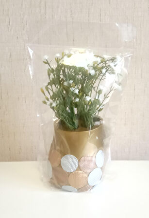 2 ADET VAZO DAHİL,VAZODA ÇİÇEK,BEYAZ YAPAY ÇİÇEK,VAZO DEKORATİF ALTIN PUANLI POLİRESİN 9X9X15CM