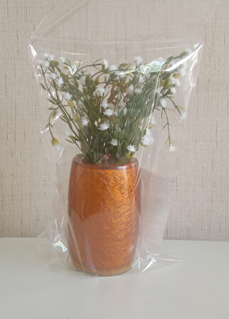 2 ADET VAZO DAHİL,VAZODA ÇİÇEK,BEYAZ YAPAY ÇİÇEK,VAZO DEKORATİF ALTIN RENKLİ POLİRESİN  5X5X12CM