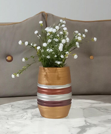 2 ADET VAZO DAHİL,VAZODA ÇİÇEK,BEYAZ YAPAY ÇİÇEK,VAZO DEKORATİF METALİK KAHVE POLİRESİN 6X6X17CM