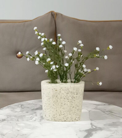 2 ADET VAZO DAHİL,VAZODA ÇİÇEK,BEYAZ YAPAY ÇİÇEK,VAZO DEKORATİF DENİZ TAŞI EL YAPIMI 10X5X14CM