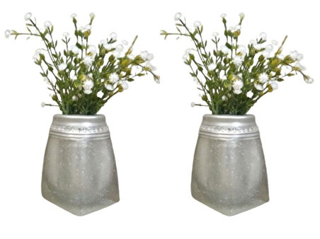 2 ADET VAZO DAHİL,VAZODA ÇİÇEK,BEYAZ YAPAY ÇİÇEK,VAZO DEKORATİF KRİSTAL TAŞLI GÜMÜŞ POLİRESİN 7X7X15CM