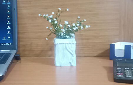 2 ADET VAZO DAHİL,VAZODA ÇİÇEK,BEYAZ YAPAY ÇİÇEK,VAZO DEKORATİF POLİRESİN 7X7X17CM