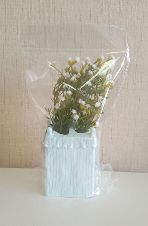 2 ADET VAZO DAHİL,VAZODA ÇİÇEK,BEYAZ YAPAY ÇİÇEK,VAZO DEKORATİF POLİRESİN 7X7X17CM