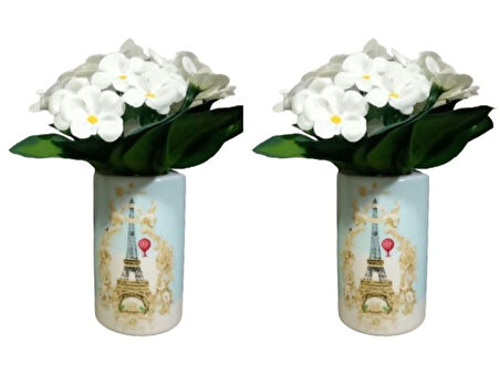 2 ADET VAZO DAHİL,VAZODA ÇİÇEK,BEYAZ YAPAY ÇİÇEK,VAZO DEKORATİF ROMANTİK YEŞİL MODEL 7X7X16CM