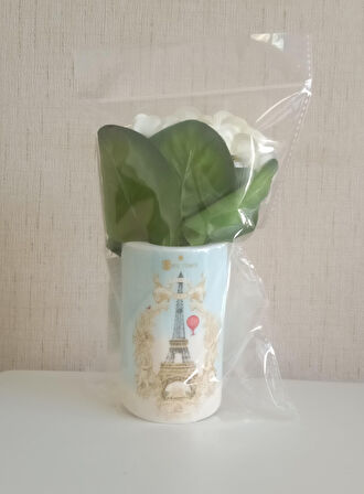 2 ADET VAZO DAHİL,VAZODA ÇİÇEK,BEYAZ YAPAY ÇİÇEK,VAZO DEKORATİF ROMANTİK YEŞİL MODEL 7X7X16CM