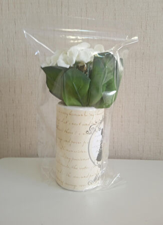 2 ADET VAZO DAHİL,VAZODA ÇİÇEK,BEYAZ YAPAY ÇİÇEK,VAZO DEKORATİF MADAM DESENLİ 7X7X16CM