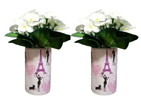 2 ADET VAZO DAHİL,VAZODA ÇİÇEK,BEYAZ YAPAY ÇİÇEK,VAZO DEKORATİF  KIZLI PARİS DESENLİ 7X7X16CM
