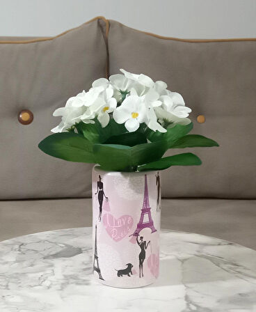 2 ADET VAZO DAHİL,VAZODA ÇİÇEK,BEYAZ YAPAY ÇİÇEK,VAZO DEKORATİF  KIZLI PARİS DESENLİ 7X7X16CM