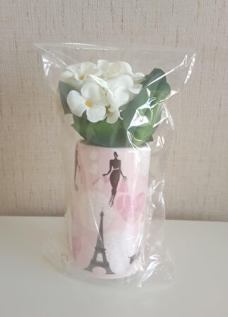 2 ADET VAZO DAHİL,VAZODA ÇİÇEK,BEYAZ YAPAY ÇİÇEK,VAZO DEKORATİF  KIZLI PARİS DESENLİ 7X7X16CM