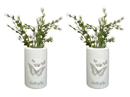 2 ADET VAZO DAHİL,VAZODA ÇİÇEK,BEYAZ YAPAY ÇİÇEK,VAZO DEKORATİF KELEBEK DESENLİ 7X7X16CM
