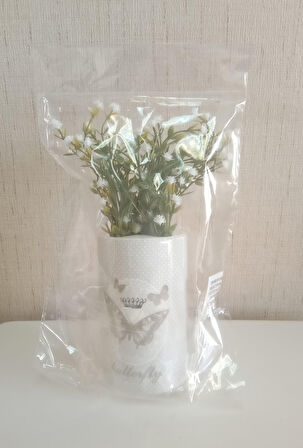 2 ADET VAZO DAHİL,VAZODA ÇİÇEK,BEYAZ YAPAY ÇİÇEK,VAZO DEKORATİF KELEBEK DESENLİ 7X7X16CM