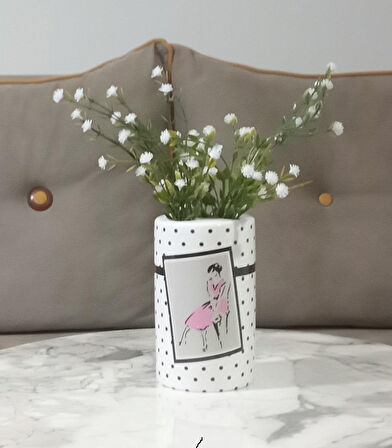 2 ADET VAZO DAHİL,VAZODA ÇİÇEK,BEYAZ YAPAY ÇİÇEK,VAZO DEKORATİF PEMBE ELBİSELİ KADIN 7X7X16CM