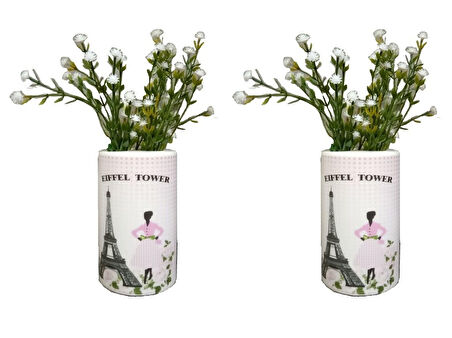 2 ADET VAZO DAHİL,VAZODA ÇİÇEK,BEYAZ YAPAY ÇİÇEK,VAZO DEKORATİF  EYFEL KULESİ 7X7X16CM