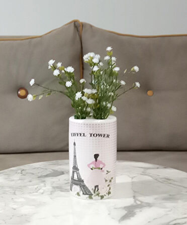 2 ADET VAZO DAHİL,VAZODA ÇİÇEK,BEYAZ YAPAY ÇİÇEK,VAZO DEKORATİF  EYFEL KULESİ 7X7X16CM