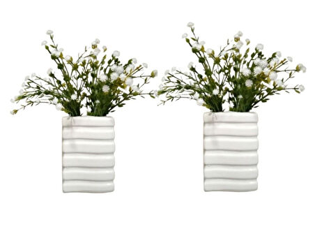 2 ADET VAZO DAHİL,VAZODA ÇİÇEK,BEYAZ YAPAY ÇİÇEK,VAZO DEKORATİF KARE ÇİZGİLİ 8X6X16CM