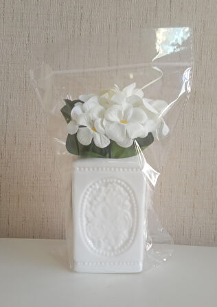 2 ADET VAZO DAHİL,VAZODA ÇİÇEK,BEYAZ YAPAY ÇİÇEK,VAZO DEKORATİF ÇİÇEKLİ KARE 8X8X16CM