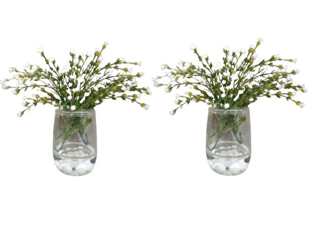 2 ADET VAZO DAHİL,VAZODA ÇİÇEK,BEYAZ YAPAY ÇİÇEK,VAZO DEKORATİF BEYAZ İNCİLİ 8X8X16CM