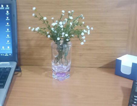 2 ADET VAZO DAHİL,VAZODA ÇİÇEK,BEYAZ YAPAY ÇİÇEK,VAZO DEKORATİF MOR DAMLALI 6X6X19CM