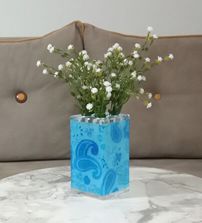 2 ADET VAZO DAHİL,VAZODA ÇİÇEK,BEYAZ YAPAY ÇİÇEK,VAZO DEKORATİF MAVİ  7X7X17CM