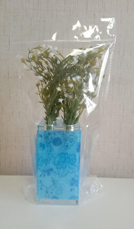 2 ADET VAZO DAHİL,VAZODA ÇİÇEK,BEYAZ YAPAY ÇİÇEK,VAZO DEKORATİF MAVİ  7X7X17CM
