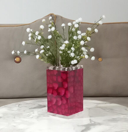 2 ADET VAZO DAHİL,VAZODA ÇİÇEK,BEYAZ YAPAY ÇİÇEK,VAZO DEKORATİF KALPLİ 7X7X17CM