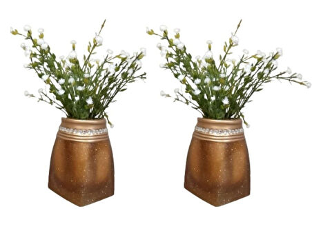 2 ADET VAZO DAHİL,VAZODA ÇİÇEK,BEYAZ YAPAY ÇİÇEK,VAZO DEKORATİF TAŞLI ALTIN POLİRESİN 7x7x15cm