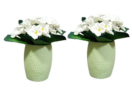 2 ADET VAZO DAHİL,VAZODA ÇİÇEK,BEYAZ YAPAY ÇİÇEK,VAZO YEŞİL PETEK DESENLİ POLİRESİN 8x8x15cm