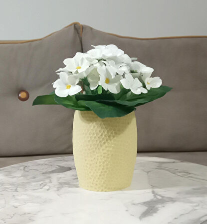 2 ADET VAZO DAHİL,VAZODA ÇİÇEK,BEYAZ YAPAY ÇİÇEK,VAZO SARI PETEK DESENLİ POLİRESİN 8x8x15cm