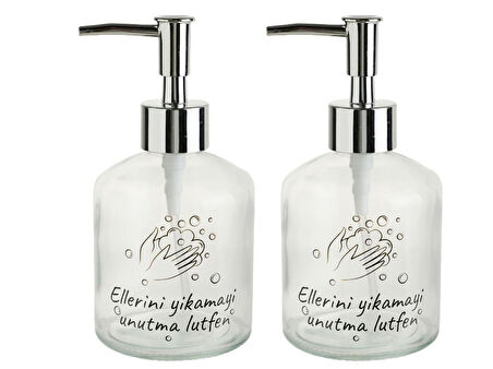 2 ADET CAM SIVI SABUNLUK,LÜTFEN YAZILI 300ML BANYO SETİ  7,6X15,5CM