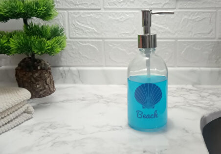 2 ADET CAM SIVI SABUNLUK,PLAJ YAZILI 7X7X20CM 360ML BANYO SETİ